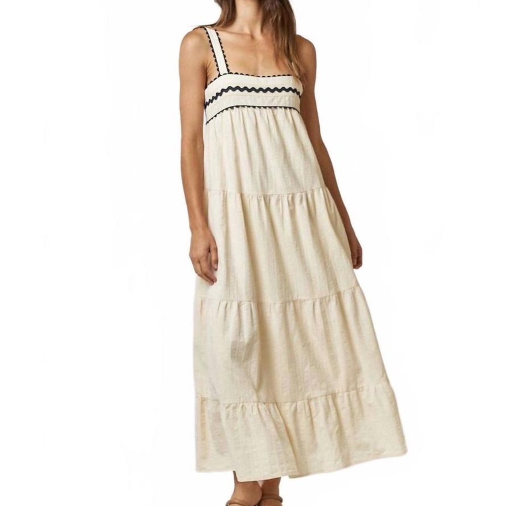 LALAVON Cotton Boho Isla Wavy Breeze Tiered Maxi Dress Cream Black Size M